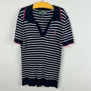 Ralph Lauren Active Navy and White Striped Knit Polo sz M